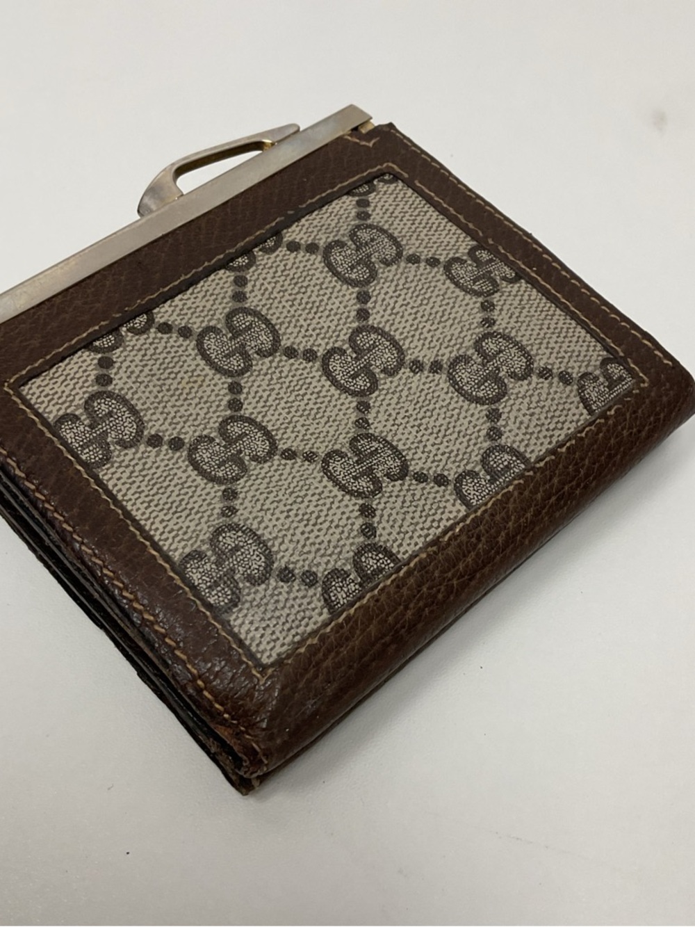 Gucci Vintage GG Supreme Wallet Brown Leather Trim Bifold Snap Coin Purse Italy - Picture 3 of 16